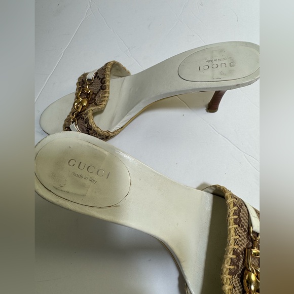 Gucci GG Horsebit Leather Canvas Open Toe Mules Slides Sandals Heels Neutral 36 - Picture 7 of 15